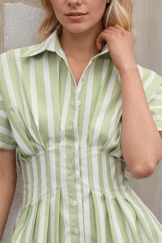Womens Summer Short Sleeve Button Front Pleated Shirt Dress Striped Collar V Neck Casual Y2k Swing Short Mini Dress2