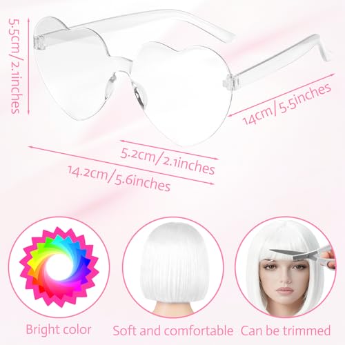 Image of MEEZY White Short Bob Wigs Straight Hair with Flat Bangs Heart Sunglasses for Women, Colorful Funny Cosplay Party Neon Wig Synthetic Natural As Real Carnival Halloween Costume Party Favors
