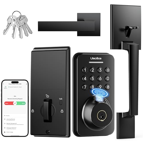 Ulecoce Fingerprint Keypad Deadbolt with Handle Set, Keyless Entry Door Lock, Door Locks for Front Door Lock Set, App Control, Auto Locking, Easy to Install, Matte Black