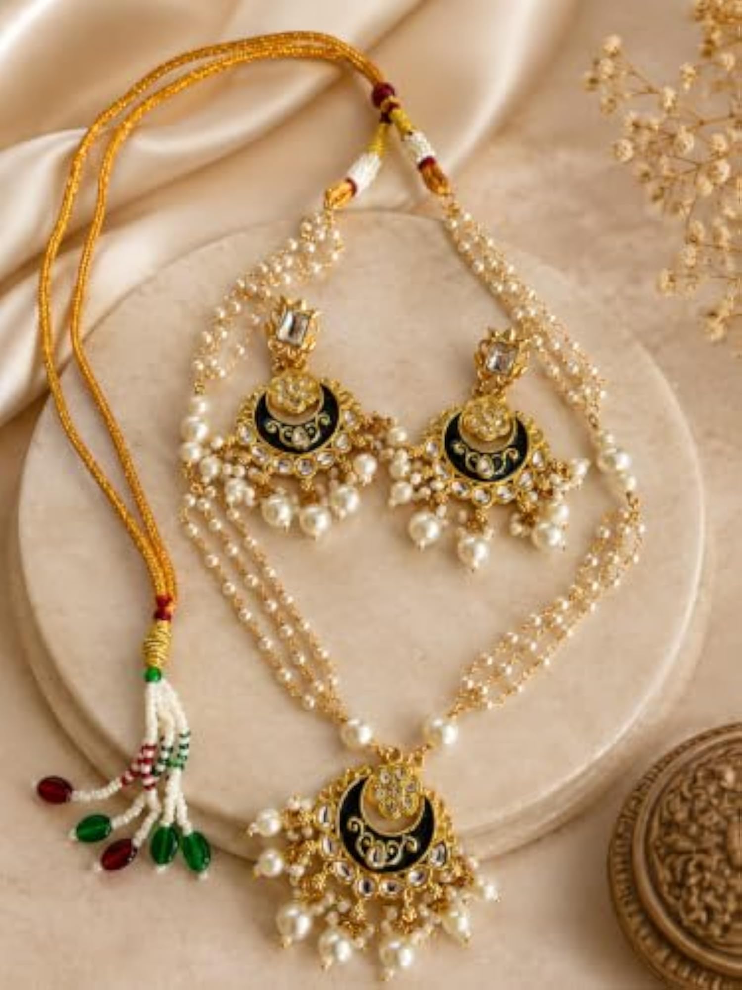 Meenakari Kundan Pearl Necklace and Chandbali Earrings Set