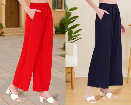 Image of Buy That Trendz Palazzo Pants for Women Rayon Elasticated Regular Fit Flared Wide Leg M to 6XL Pack of 2