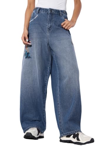 Image of The Souled Store: Barrel-Fit Denim: Women and Girls Washed Cotton Twill Barrel Fit Lightweight Adjustable Rise Everyday Casual Denim Jeans