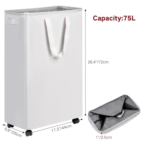 efluky Slim Laundry Hamper with Wheels, Rolling Laundry Basket for Clothes, Small Laundry Basket for Bedroom, Dorm and Laundry Room, 75L (19.8 Gallons) White