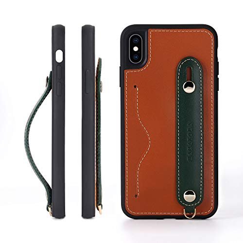 iPhone XsMax グリップケース レザー 本革 ストラップ付属 イタリア製牛革 ヌメ革 片手操作 カード収納 スタンド機能 メンズ レディース ブラウン/グリーン