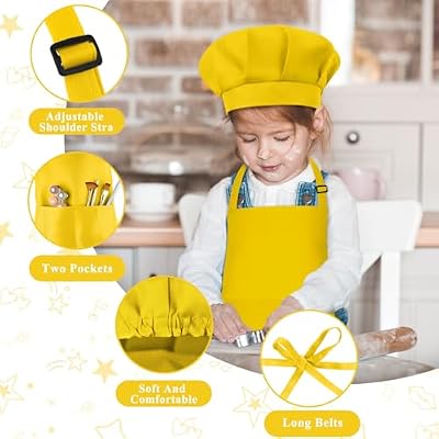 Kids Apron and Chef Hat Set Adjustable Chef Art Apron with 2 Pockets Toddler Chef Hat and Apron for Cooking Baking Painting (Yellow), Small