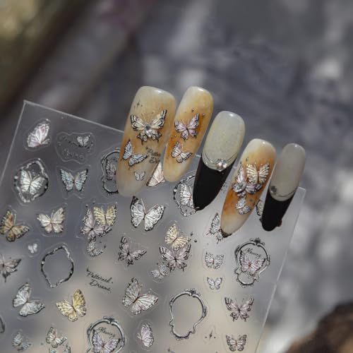 Image of Butterfly Nail Stickers Vintage Nail Decals Fall Nail Stickers for Nail Art | Autumn Brown Nail Art Stickers Metallic 5D Embossed Flower Frame for Women Manicure DIY Charms Accessories Supply 1 Sheet