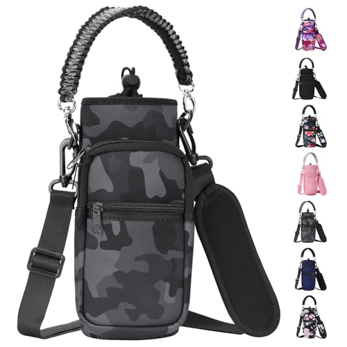 AceTreker 32 oz 40 oz Water Bottle Carrier, Neoprene Water Bottle Holder with Strap & Paracord Handle, Sport Bottle Sleeve Sling Bag with 2 Pocket for Travelling, Walking, Camping-Gray Camo