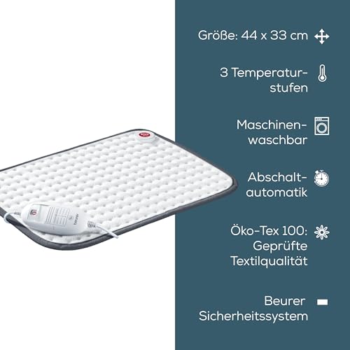 Beurer Heizkissen HK 41, kuscheliges Wärmekissen mit 3 Temperaturstufen und Abschaltautomatik, maschinenwaschbar, made in Europe, weiß / grau, 44 x 33 cm
