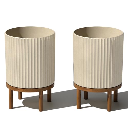 Veradek Demi Series Round Planter w/Stand for Porch/Patio | Durable Plastic-Stone Composite & Wooden Stand | Modern Décor for Tall Plants, Flowers