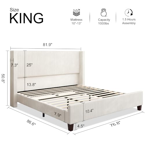 Image of HOWE King Size Bed Frame with 50.8 Inch Corduroy Wingback Headboard, Cream | Modern Style, Solid Wood Slats, No Box Spring Needed, Quiet Support