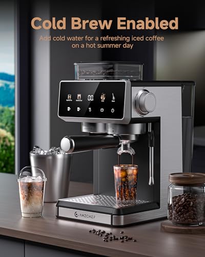 AMZCHEF Máquina de café expresso de 20 barras com moedor - máquina de café de 3 temperaturas com 20 configurações de moagem, máquina de café expresso quente/frio com espumador de leite, máquina de - Imagem 7