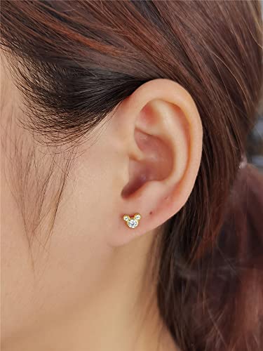 Cute Mouse Cubic Zirconia Stud Sterling Silver Earrings For Women Girls Hypoallergenic Tiny Small 20G Ball Piercing Studs Cartilage Tragus Barbell 4 Mm Bead Barbell Screw Back Body Jewelry Dainty Gifts (14K Gold Plated) #TOP1