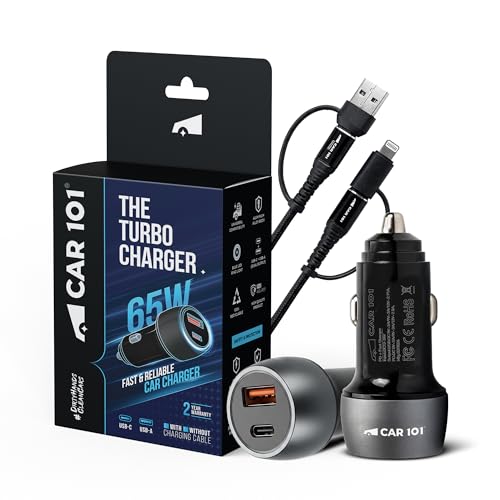 Image of CAR101 65W Turbo Fast Car Charger with 4-in-1 Cable | USB C PD & USB A QC | Dual Port Adapter for Smartphones, Tablets, Laptops | Aluminium Body, LED Light, Smart Protection | 12V-24V