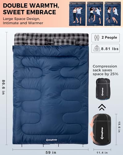 Image of KingCamp Double Sleeping Bag for Adults, Queen Size 2 Person XXL Flannel Sleeping Bag, Waterproof Lightweight Flannel Quilt with 2 Pillows, Perfect for Couples Family Camping Hiking