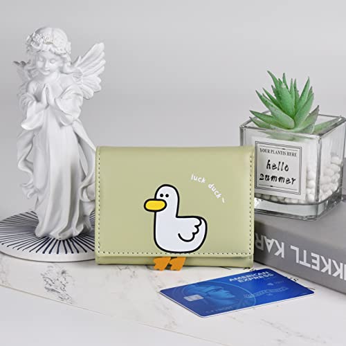 Fire Stone Cute Girls Wallet, Tir-folded Short Wallet with Cash Pocket Card Holder ID Window Purse for Women (Green Duck) 6