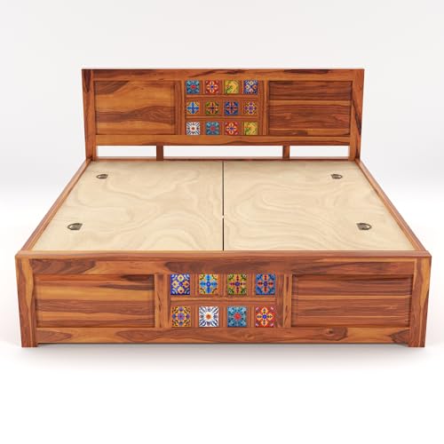 Image of Sheesham Wood King Size Bed with Storage Box | Wooden Box Bed King Size Double Cot Bed with Storage for Bedroom | Premium Tile Dalla Design Headboard Bed for Hotel, Home | Honey Finish