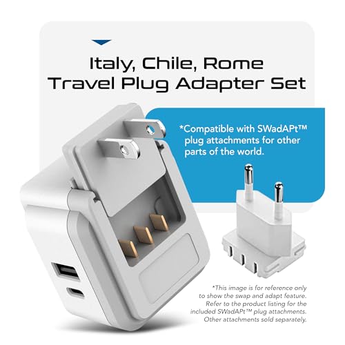 Image of Ceptics Travel Adapter India to Chile, Rome, Italy Travel Plug Adapter Set, Chile Plug Adapter USB-USB-C 20W PD-QC 18W, 2 Outlet, Italy Plug Adapter for Lybia, Uruguay Includes Type C, L, PAK-IT