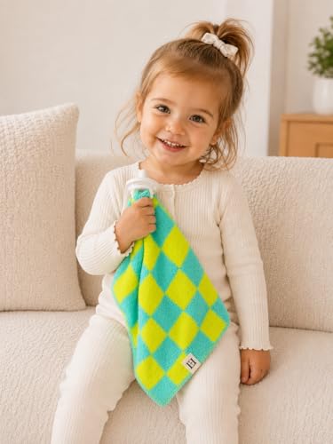 Image of USA Checkered Baby Lovey Security Blanket with Pacifier Holder - DreamSoft Reversible Plush Mini Comfort Blanket for Newborns, Babies & Toddlers (Teal /Green)