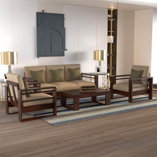 Image of Solid Sheesham Wood 5 Seater Sofa Set | (3+1+1) Five Person Sofa for Living Room | Stylish & Durable 5 Seater Sofa for Office & Home Furniture (Selen Walnut, 5 Seater)