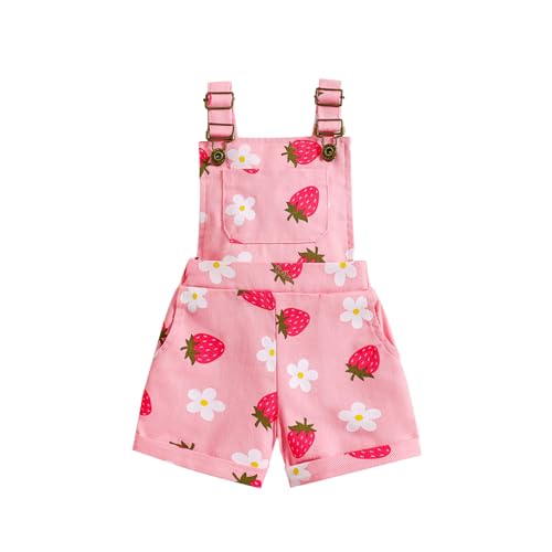 Image of Afunbaby Toddler Girls Clothes Baby Overalls Shorts Sleeveless Suspender Jumpsuit Romper Cute Summer Outfit Clothing (Pink Strawberry, 12-18 Months)