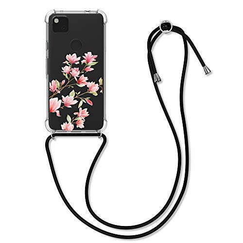 kwmobile Crossbody Case Compatible with Google Pixel 4a - Clear TPU Cell Phone Mobile Cover Holder with Neck Cord Lanyard Strap - Magnolias Light Pink/White/Transparent