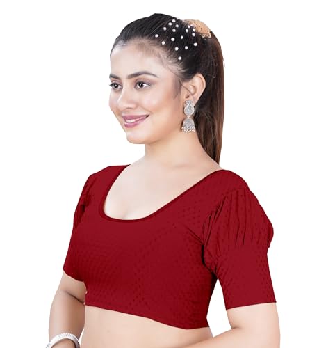Image of Women's Black Embroidered Crop Top with Short Puff Sleeves, Scoop Neck