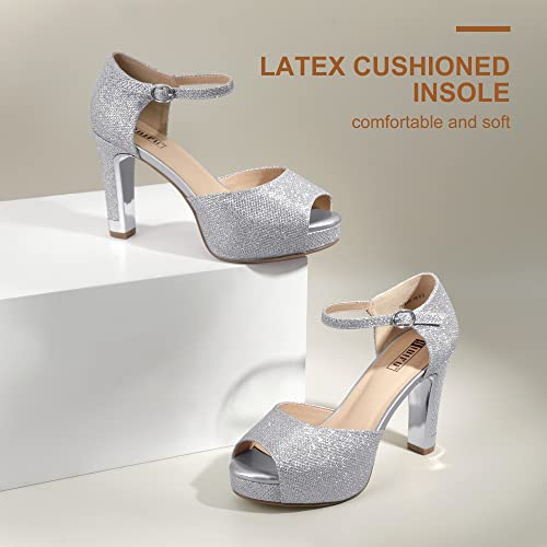 Idifu Women's In4 Mary Platform Chunky High Heels Sandals Peep Toe Dress Wedding Bridal Shoes For Women Bride Bridesmaid (Silver Glitter Classic, 8 M Us) #TOP4