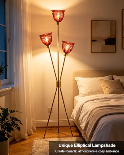 Image of Lightdot 3-Lights Glass Tripod Floor Lamp Gold Dimmable Floor Lamps with 3000K Warm White Bulbs for Wedding Party 62IN Tall Standing Lamp with Deep Red Glass Shade for Living Room /Bedroom /Home Decor