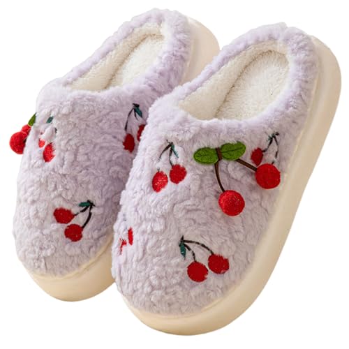 Winter Fluffy House Slippers for Women with Fruits Cherries, Fuzzy Home Bedroom Cotton Shoes, Soft and Cute Plush House Slides with Memory Foam, Kawaii, Cozy