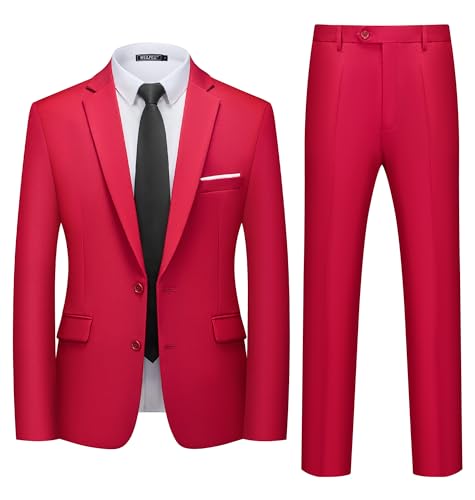 WULFUL Mens 2 Piece Suits Slim Fit Two Button Blazer Jacket Pants Set for Party Wedding and Business Red