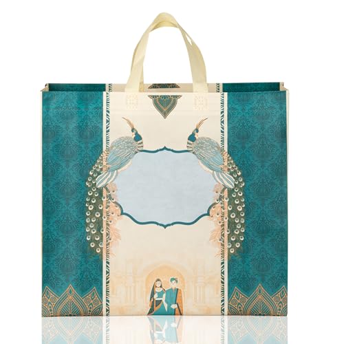 Image of Lavya Wedding Special Reusable Non-Woven Laminated Gift Bags, Wedding Gifts, Shagun, Traditional Gifting, Saree Mithai Chandi Carry Bag (Peacock Bhaji Blue, L-15.5x15x5, Pack of 10)
