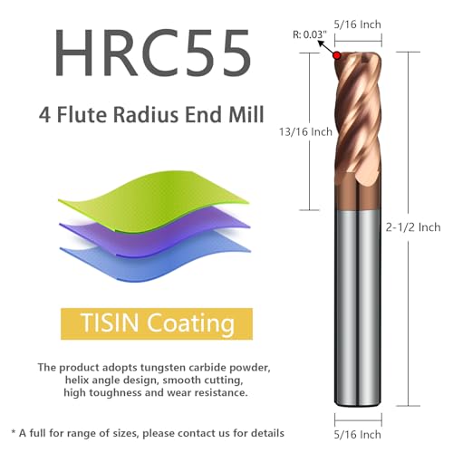 Image of Carbide Corner Radius End Mill 4Flute Mill Bits Sets with TISIN Coated, 0.03 inch Corner Radius, 5 /16 inch Cutting Diameter, 13 /16 inch Length of Cut, 2-1 /2 inch Overall Length