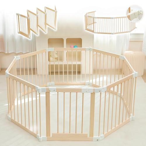 Baby Playpen, Playpen for Babies and Toddlers, Foldable Wooden Play Yard with Gate, Adjustable Baby Activity Center with Child Proof Lock, Fence Play...