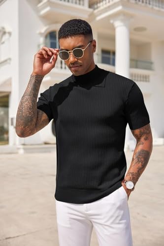 Image of DENIMHOLIC Mens Cotton High Neck T Shirt for Men Half Sleeve Turtleneck Tshirt Cotton Highneck Turtle Neck for Men Mock Neck for Man