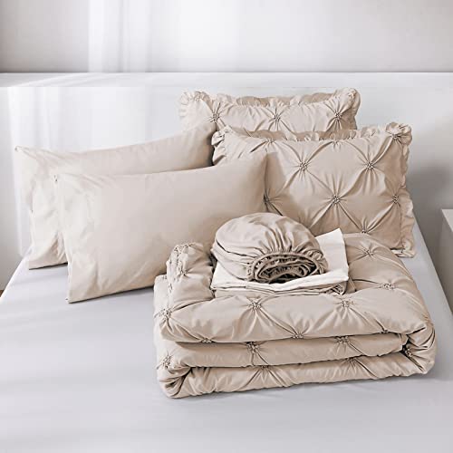 JOLLYVOGUE Beige Cal King Size Comforter Sets 7 Pieces, Pintuck Bed in a Bag Comforter Set for Bedroom, Bedding Comforter Sets with Comforter, Sheets,Ruffled Shams & Pillowcases