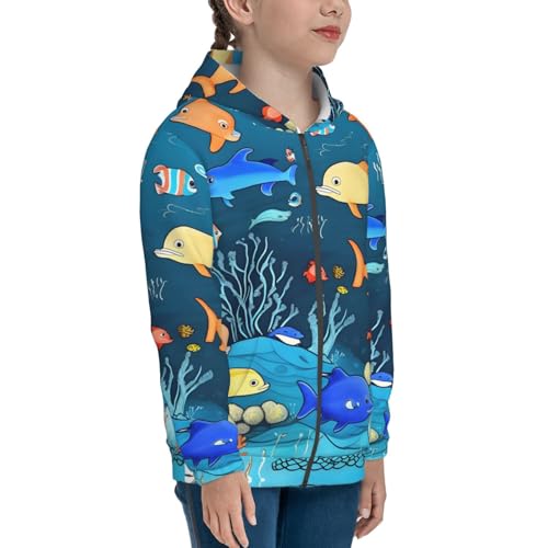 Small Blue underwater world of fish Print Girls Athletic Zip Up Hoodies,Sweatshirts with Pockets Long Sleeve Hooded Jackets, for 7-18 Y3
