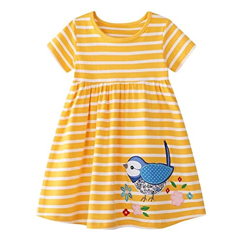 AIWUHE Toddler Girls Dress Cotton Casual Short Sleeve Striped Jersey Dresses Summer Cartoon Dinosaurs Appliques Shirt Sundress Yellow 4T