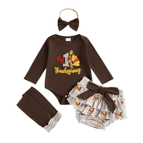 My First Thanksgiving Baby Girl Outfit 1st Thanksgiving Letter Romper Top Turkey Plaid Shorts+Socks+Headband 4Pcs Set