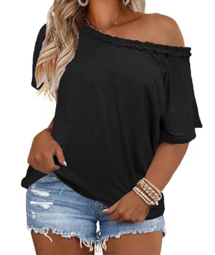 Womens Plus-Size T-Shirt Short Sleeve Summer Tops One-Shoulder Loose Shirts (1X-5X)