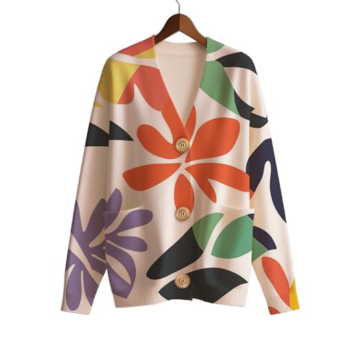 Floral Graphic Cardigan for Women Fall Fashion Sweater V Neck Long Sleeve Tops Button Down Knit Jacket with Pocket3