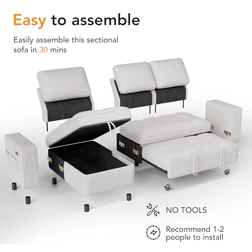 Image of Vipbear 81 inch Modular Sectional Sleeper Sofa with Pull Out Bed, L Shaped Couch with Reclining Backrest, Reversible Storage Chaise, USB Ports, Tool-Free Assembly, Chenille Beige