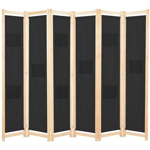Tmriohed Paravent 6 pièces - Paravent brise-vue - 240 x 170 cm - Paravent en bois et tissu - Paravent pliable pour salon et chambre à coucher - Noir