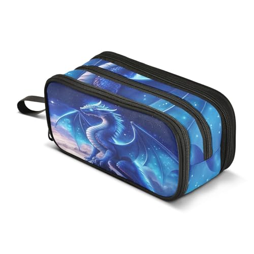Image of Blue Dragon Galaxy Glowing Pencil Case Large Capacity Pencil Pouch Boys Girls 3 Compartment Pen Bag School Office Stationery Organizer