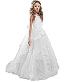 Flower Girl Dress Kids Lace Beaded Pageant Ball Gowns (Size 12, B White)