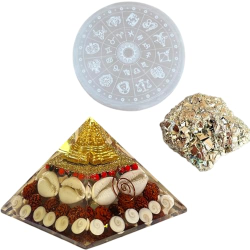 Image of inchOriginal Pyrite Stone with Natural Selenite Charging Plate and Shree Yantra Pyramid | Lab Certified Crystal Set for Wealth, Business Luck, Reiki Healing & Vastu Energy inch (SEL)