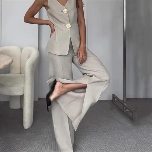 Generic Women Summer Office V Neck Sleeveless Single Breasted Button Vest Top Loose Wide Legs Pants Two Piece Set2