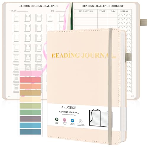 AKONEGE Reading Journal for Book Tracking - PU Leather Book Journal Reading Log with 80 Reviews for Readers Accessories with Sticky Tabs Pen Holder Ribbon Bookmarks 5.6 x 8.3 White