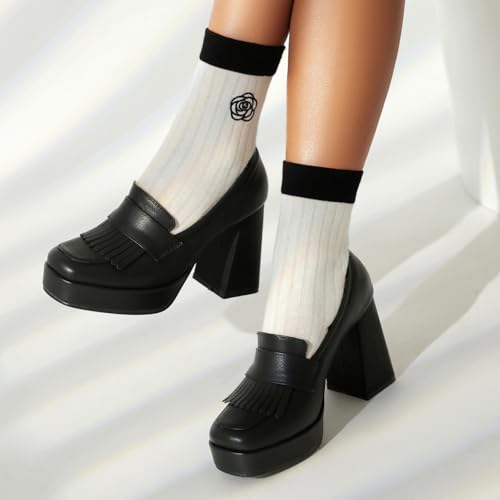 Women Vintage Square Toe Fringed Pumps Slip on Chunky Block High Heel Platform Dress Shoes for Daily3