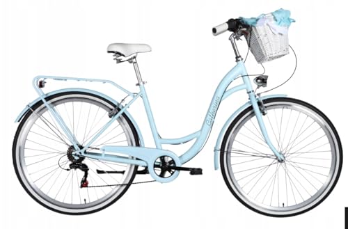 BDW Vélo de ville pour femme, 26 pouces, 7 vitesses, cadre en acier, avec panier en osier, pour jeunes et adultes (bleu)