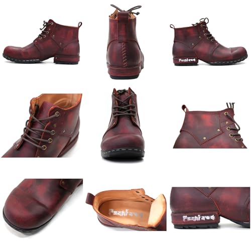 Image of Motorcycle Boots Men,Riding Leather Motorcycle Boots for Men, Lace up Dress Boot,Burgundy